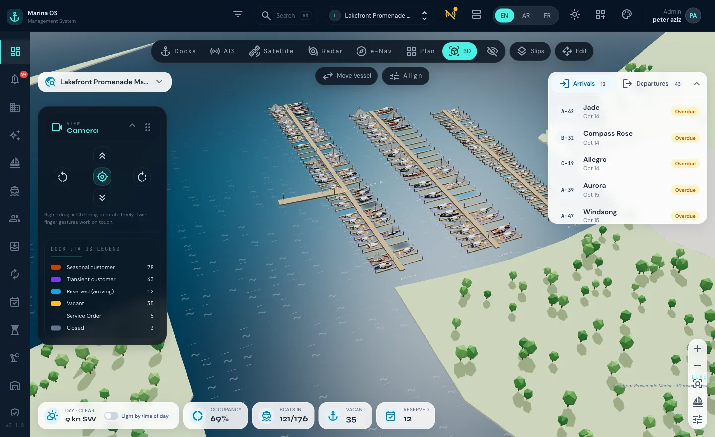 Yalla Marina live dashboard showing berth board, occupancy stats, and dock map