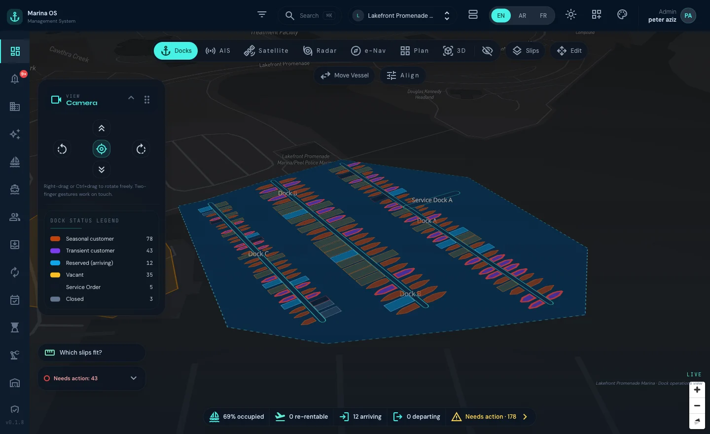 Yalla Marina 2D dock map with live slip status colours